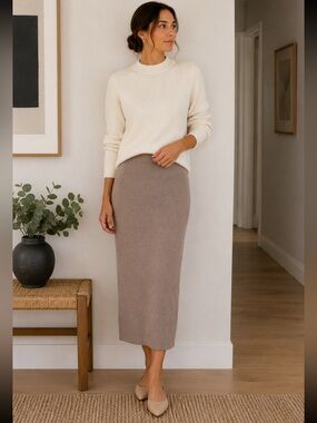 Jenni Kayne Taupe Cashmere Blend Knit Midi Skirt Minimalist Quiet Luxury SZ XXL